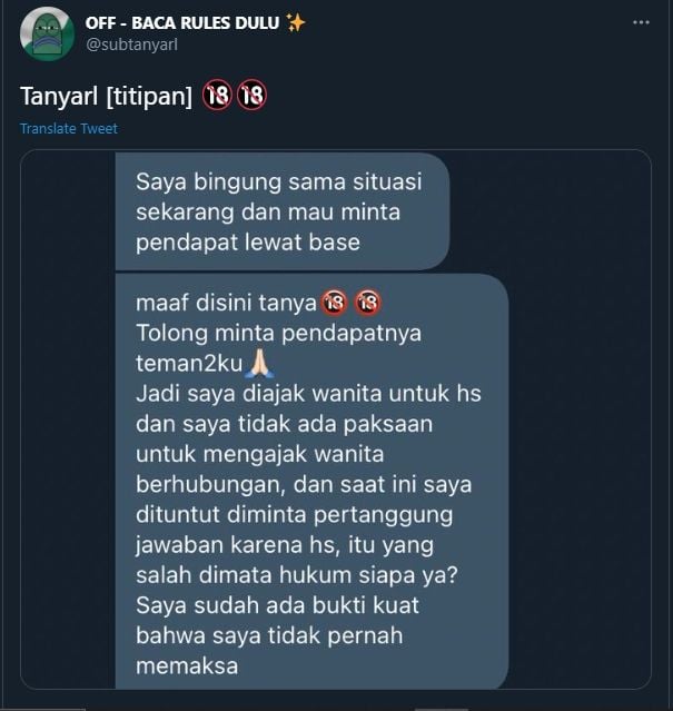 Curhat lelaki bingung usai ditodong pertanggungjawaban karena berhubungan intim (Twitter/subtanyarl).