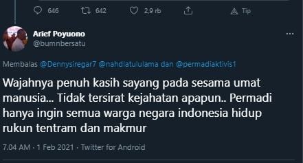 kicauan Arief Poyuono tentang Permadi Arya alias Abu Janda. [arief poyuono / Twitter]