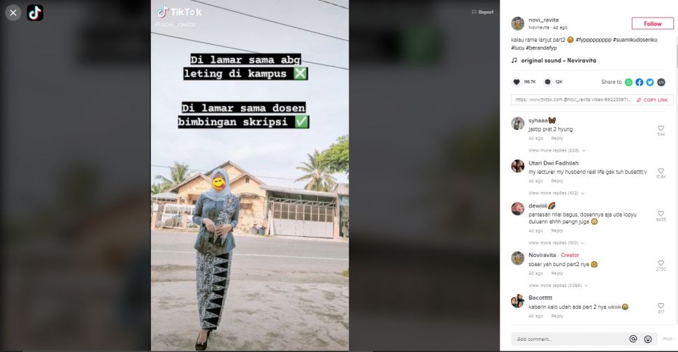 Viral gadis dilamar dosen pembimbing skripsi (TikTok/@novi_ravita).