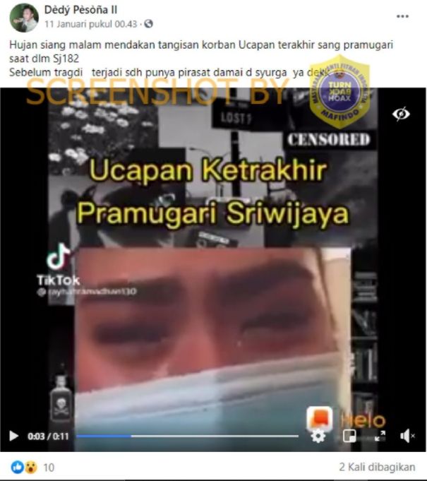 Video yang diklaim merekam tangisan pramugari Sriwijaya Air SJ182 usai dapat firasat buruk (Turnbackhoax.id).