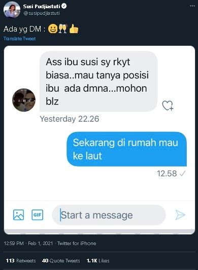 Susi Pudjiastuti ladeni pertanyaan netizen. (Twitter/@susipudjiastuti)