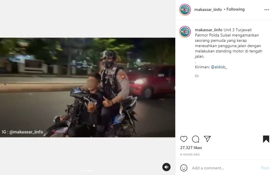 Pemotor yang diciduk usai atraksi di jalan. (Instagram)