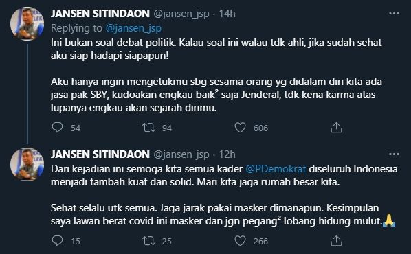 Cuitan Jansen Sitindaon mengomentari dugaan kudeta terhadap Partai Demokrat (Twitter/Jansen_JSP).