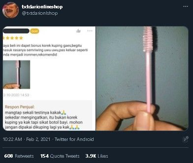 Pembeli girang dapat bonus belanja online. (Twitter/@txtdarionlshop)