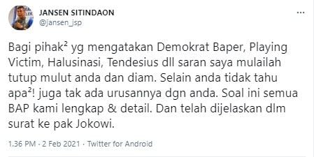 Jansen minta pihak yang sebut Demokrat baper tutup mulut (Twitter/jansen_jsp)