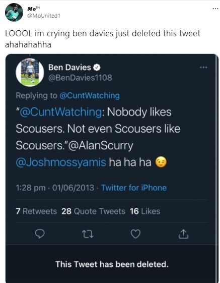 Ben Davies sempat ledek orang Liverpool beraksen Scouse. (Twitter/@Mounited1)