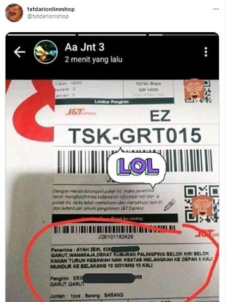 Alamat paket bikin emosi (Twitter/txtdarionlshop)