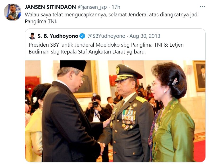 Foto-foto kala Moeldoko diangkat SBY, yang notabene eks Ketua Umum PD sekaligus ayahanda AHY, sebagai Panglima TNI, tahun 2013. [Twitter/Jansen]
