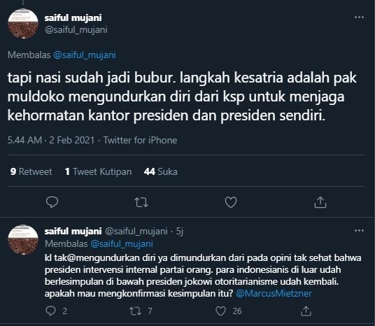 Pakar politik Saiful Mujani meminta agar Moeldoko mundur dari jabatannya. (Twitter)