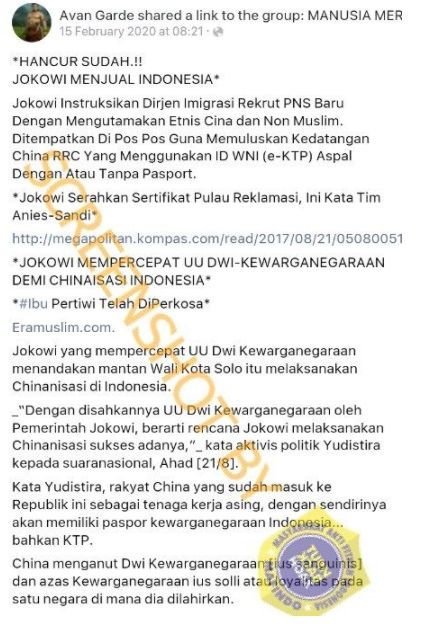 Cek Fakta Jokowi Jual Negara dengan Rekrut PNS Khusus Etnis China dan Non Muslim (Turnbackhoax.id).
