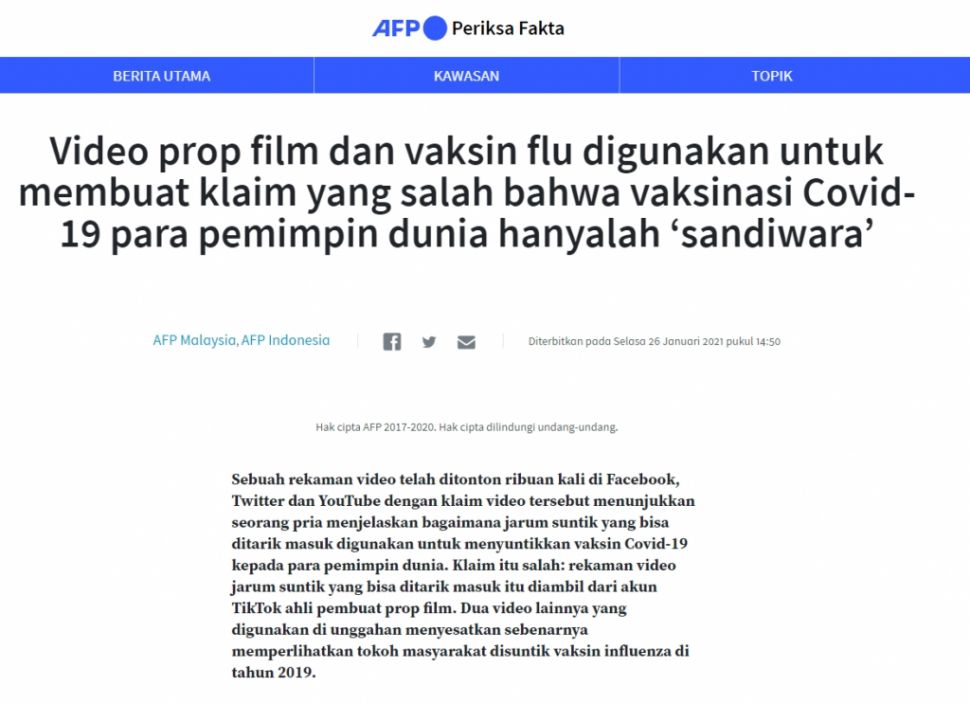 Pemimpin dunia pakai jarum suntik palsu saat suntik vaksin (turnbackhoax.id)
