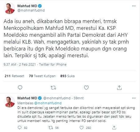 Mahfud MD buka suara soal isu kudeta Partai Demokrat (Twitter/mohmahfudmd)