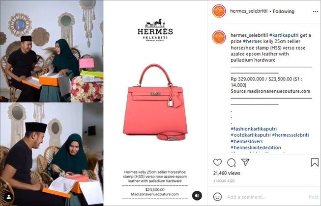 Kartika Putri dapat hadiah tas Hermes dari sang suami. (Instagram/@hermes_selebritii)