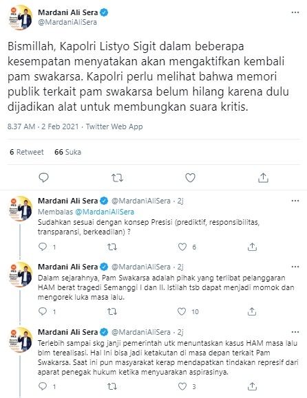 Komentar Mardani soal pengaktifan kembali Pam Swakarsa (Twitter/mardanialisera)