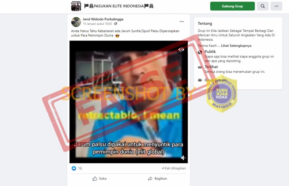 Pemimpin dunia pakai jarum suntik palsu saat suntik vaksin (turnbackhoax.id)