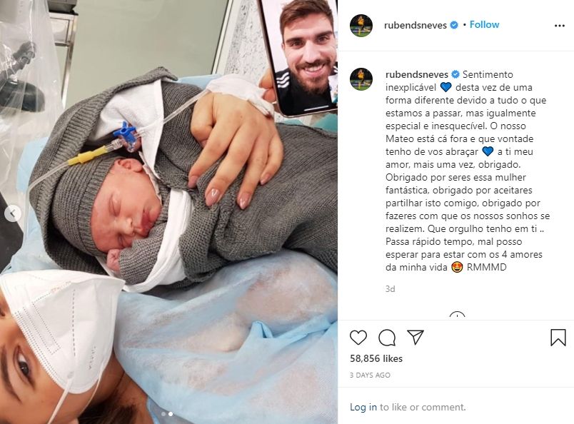 Ruben Neves temani istrinya lahiran lewat video call. (Instagram/rubendsneves)