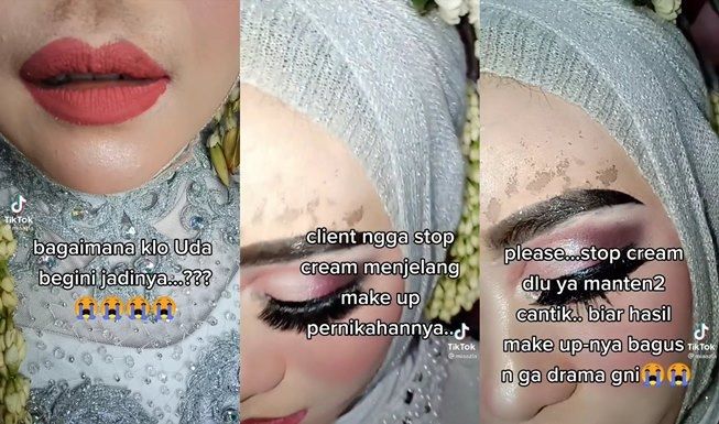 Viral MUA pernikahan curhat hasil makeup luntur karena klien pakai cream kecantikan. (TikTok/@miaazla)