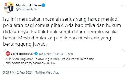 Mardani minta kasus dugaan kudeta Demokrat dibuka ke publik (Twitter/mardanialisera)