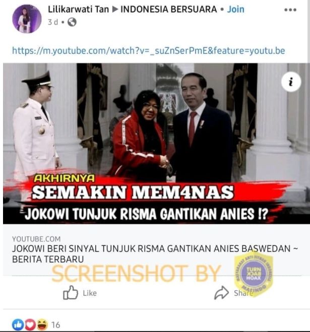 Cek fakta Jokowi tunjuk Mensos Risma gantikan Anies Baswedan sebagai Gubernur DKI Jakarta (Turnbackhoax.id).