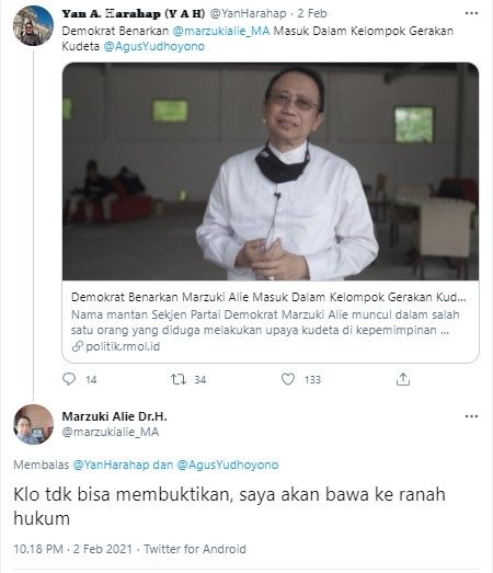 Marzuki ancam polisikan kader Demokrat yang fitnah (Twitter/marzukialie_ma)