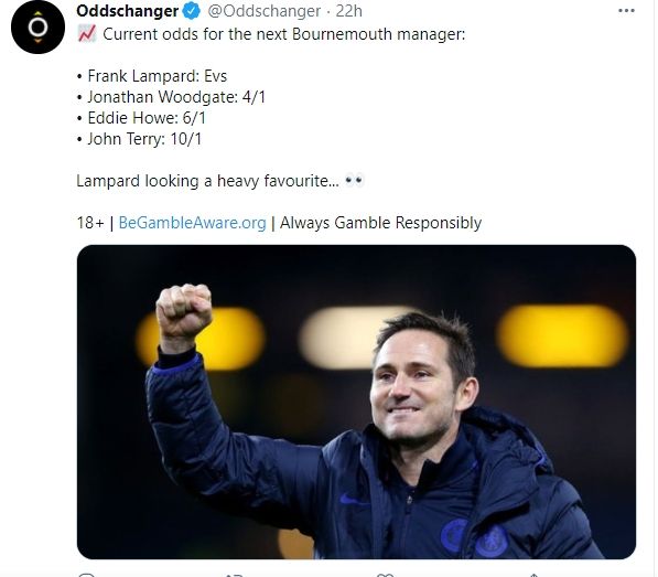 Frank Lampard favorit untuk jadi pelatih Bournemouth. (Twitter/@Oddschanger)