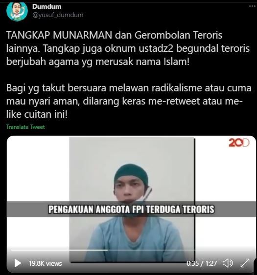 Viral pengakuan anggota FPI terduga teroris. (Twitter)