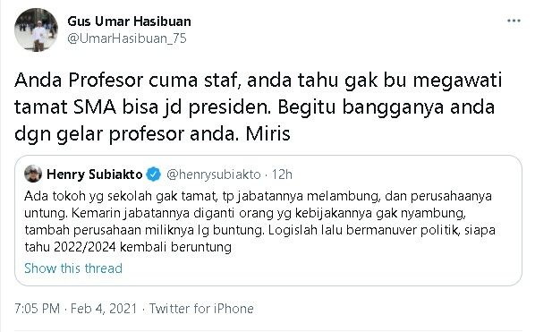 Gus Umar membalas cuitan Henry Subiakto - (Twitter/@UmarHasibuan_75)