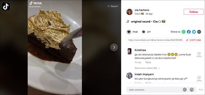 Viral TikToker makan puding berlapis emas, ternyata rasanya cuma kayak gini. (TikTok/@cia.hartono)