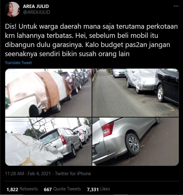 Lahan parkir mobil jadi perdebatan warganet (Twitter/areajulid).