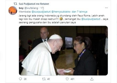 Susi Pudjiastuti membagikan foto saat bertemu Paus Fransiskus 2018 lalu.