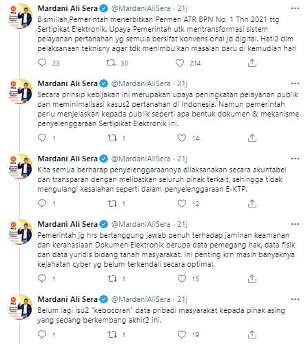 Mardani komentari kebijakan sertifikat tanah elektronik (Twitter/mardanialisera)