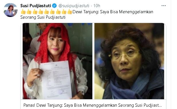 Respons savage Susi Pudjiastuti pada Dewi Tanjung (Twitter/@susipudjiastuti)