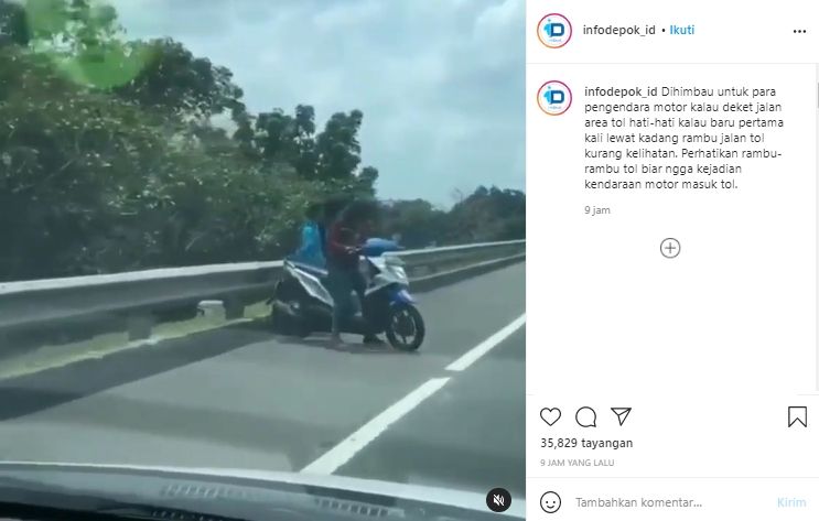 Viral pengendara motor bonceng 3 masuk jalan tol (Instagram/@infodepok_id).