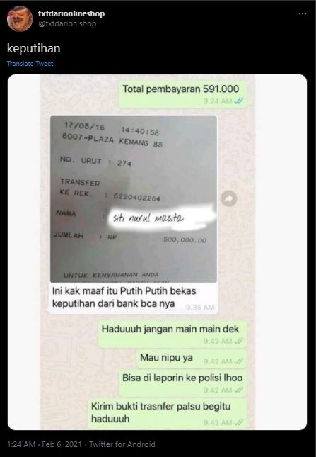 Percakapan penjual dengan pembeli palsu, struk bukti transfer bikin ngelus dada (Twitter/txtdarionlshop).