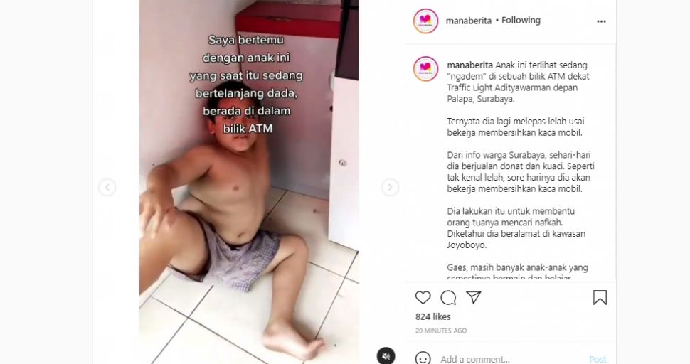 Bocah kepergok ngadem di ATM, punya kisah pilu [Instagram/@manaberita]