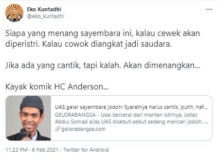 Komentar Eko Kuntadhi soal sayembara jodoh UAS (Twitter/eko_kuntadhi)