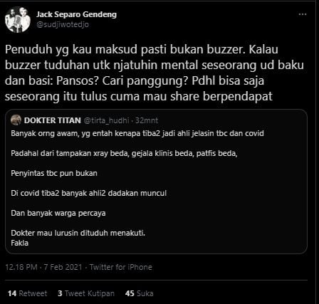 Kicauan Sudjiwo Tedjo tanggapi dr Tirta. [Sudjiwo Tedjo / Twitter]