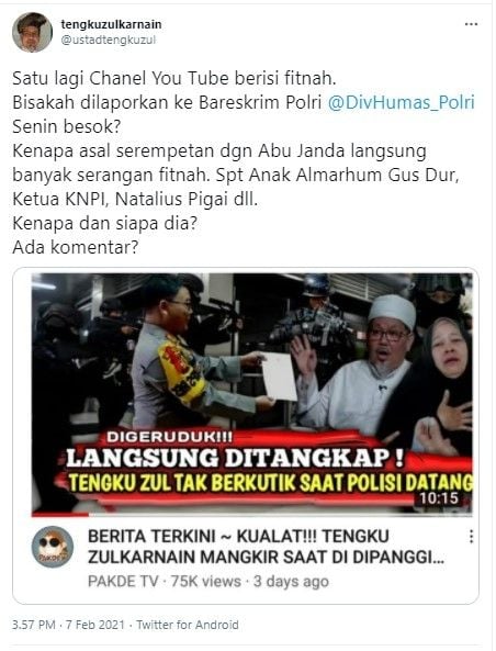 Tengku Zul mau polisikan warganet sebar fitnah (Twitter/ustadtengkuzul)