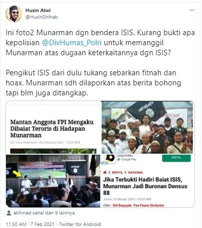 Politisi Partai Solidariras Indonesia (PSI), Husin Alwi Shihab atau Husin Alwi bongkar foto Munarman denngan bendera ISIS.