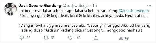 Sujiwo Tejo tanya ke Anies Baswedan soal banjir di Jakarta - (Twitter/@sudjiwotedjo)