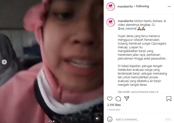 Video wanita minta tolong usai terjebak banjir di Pamanukan, Subang. (Instagram/manaberita)