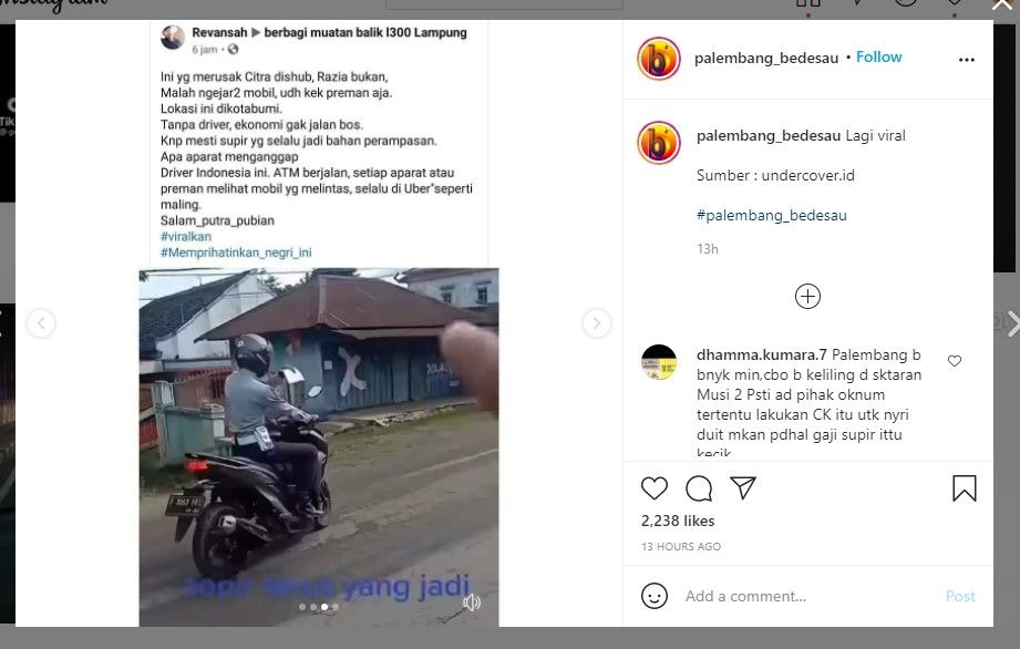 Sopir truk curhat sering dirampas petugas Dishub (IG/palembang_bedesau)