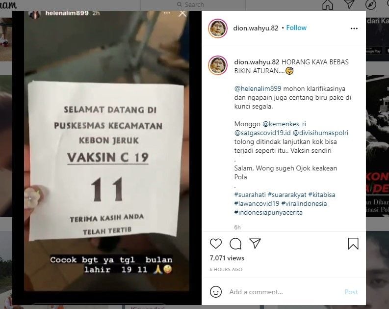 Heboh Helena Lim dapat suntik vaksinasi Covid-19 (IG)