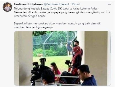 Mantan Politisi Demokrat Ferdinand Hutahaean memajang foto Anies tak pakai masker.