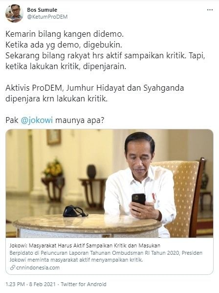 Iwan Sumule komentari Jokowi minta rakyat aktif kritik (Twitter/ketumprodem)