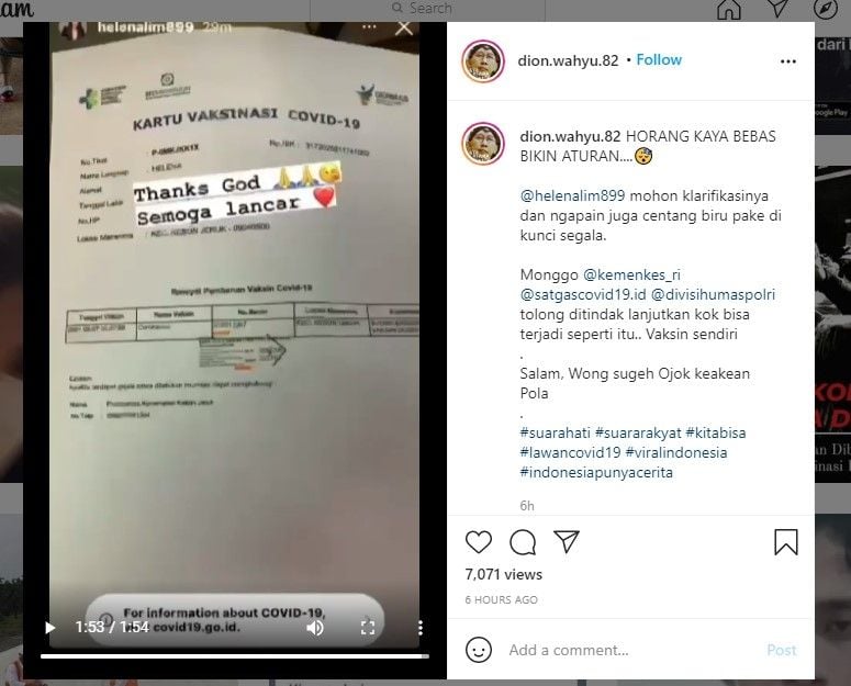 Heboh Helena Lim dapat suntik vaksinasi Covid-19 (IG)