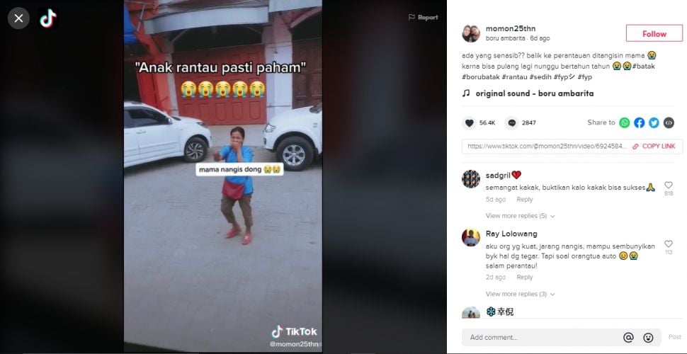 Viral detik-detik perpisahan anak rantau dan ibu (TikTok/momon25thn).