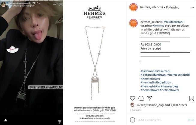 Nikita Mirzani Pakai Kalung Rp900 Juta, Sempat Dikira Cuma Ratusan Ribu. (Instagram/@hermes_selebritii)