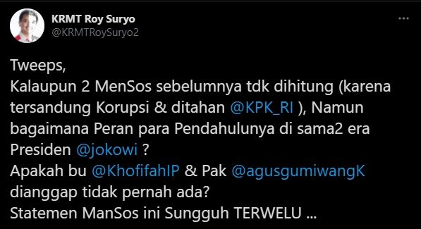 Roy Suryo soal Mensos Risma (Twitter/KRMTRoySuryo2).