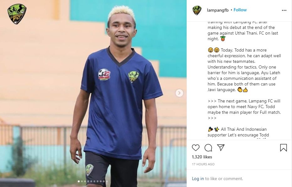 Todd Rivaldo Ferre dijanjikan main penuh oleh Lampang FC. (Instagram/lampangfb)